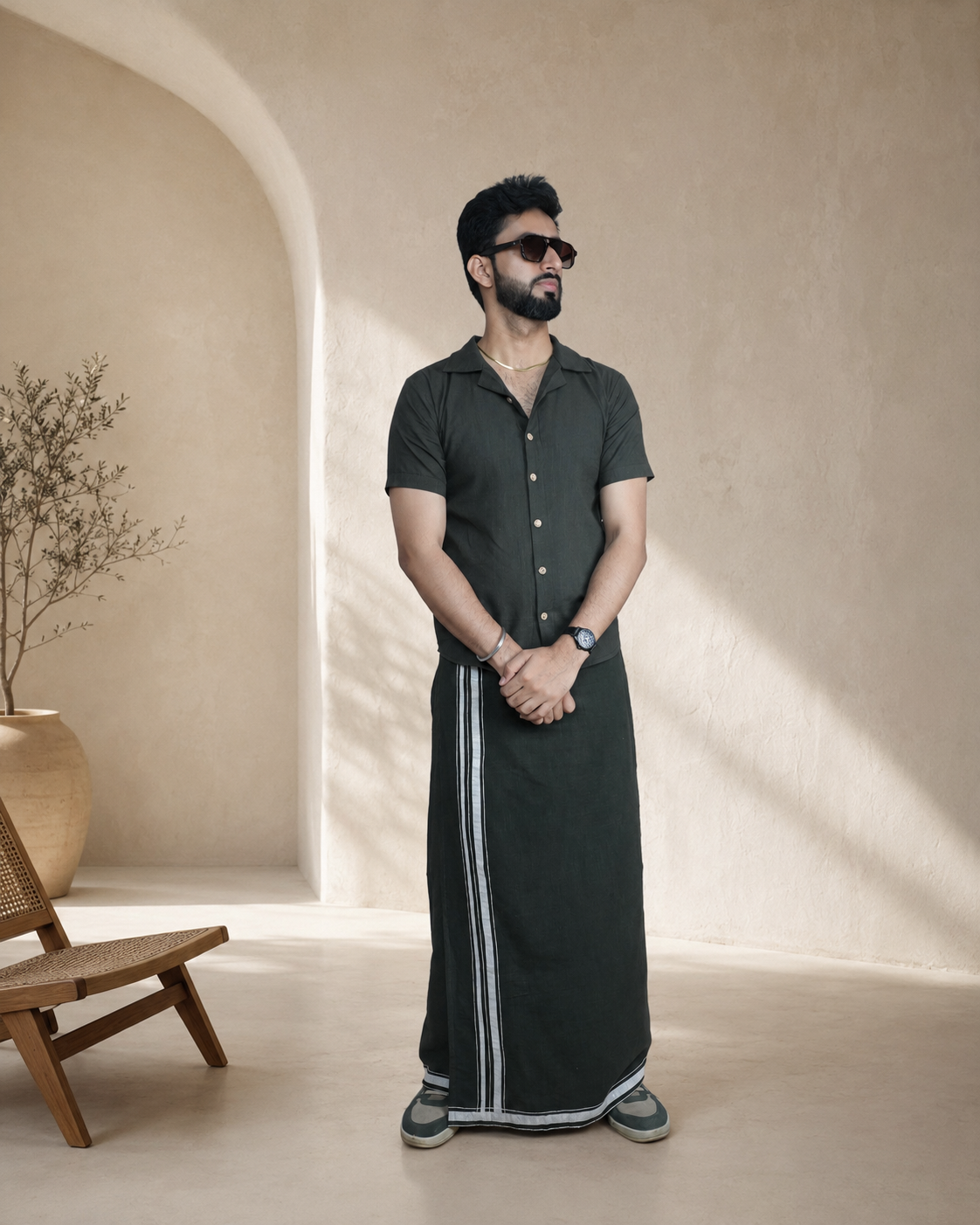 Premium Cotton Stripe Pajamalungi –  Dark Olive