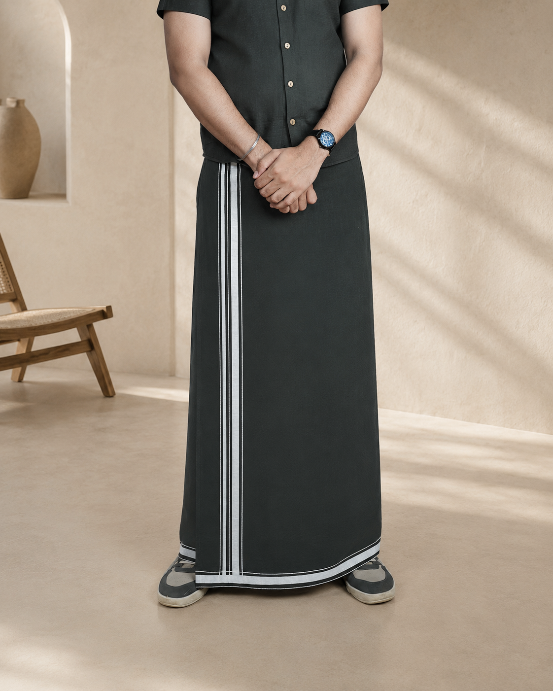 Premium Cotton Stripe Pajamalungi –  Dark Olive