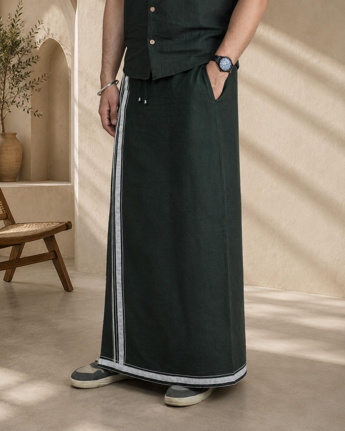 Premium Cotton Stripe Pajamalungi –  Dark Olive