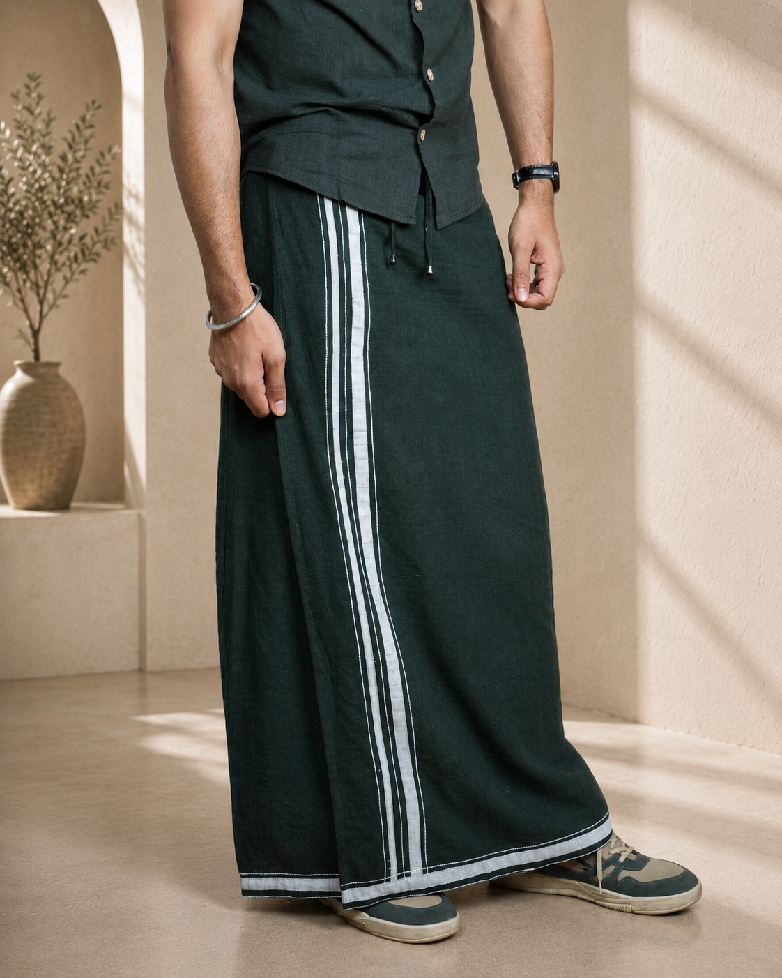 Premium Cotton Stripe Pajamalungi –  Dark Olive