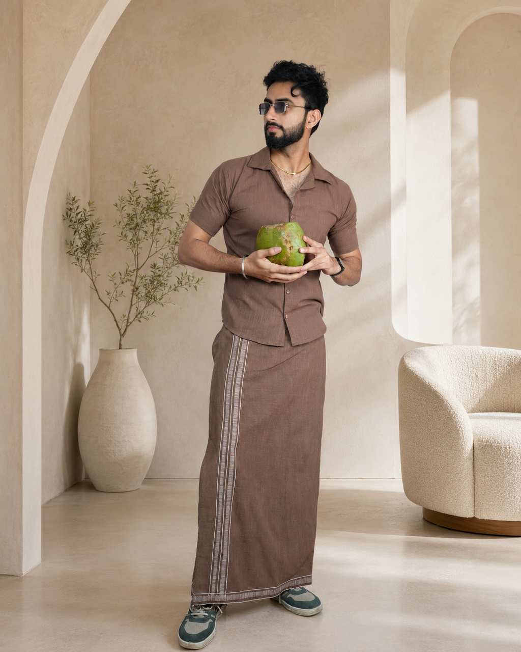 Premium Cotton Stripe Pajamalungi –  Light Brown