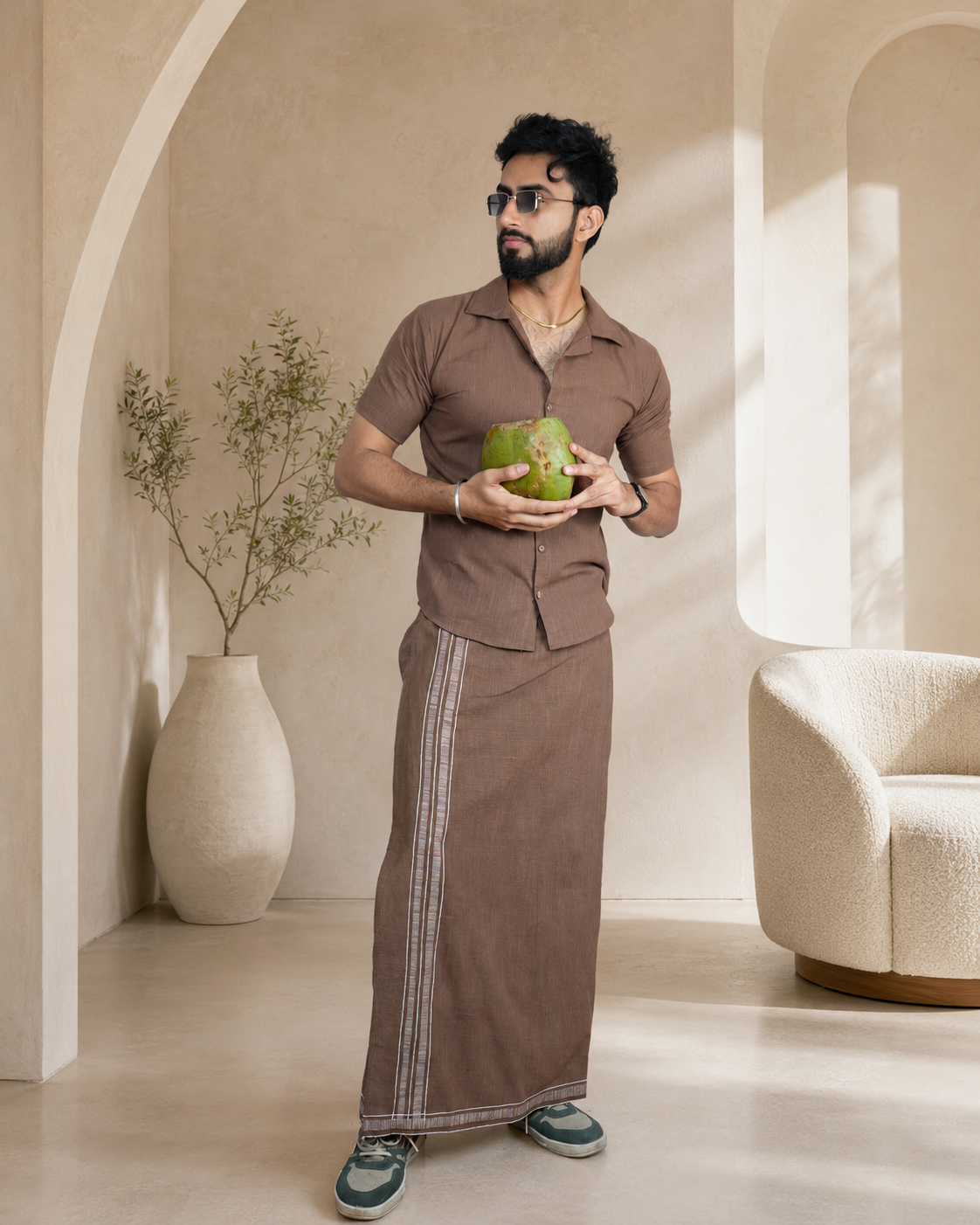 Premium Cotton Stripe Pajamalungi –  Light Brown