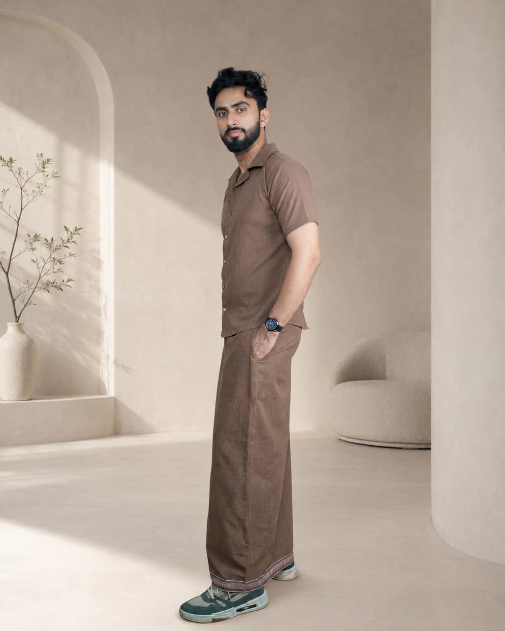 Premium Cotton Stripe Pajamalungi –  Light Brown