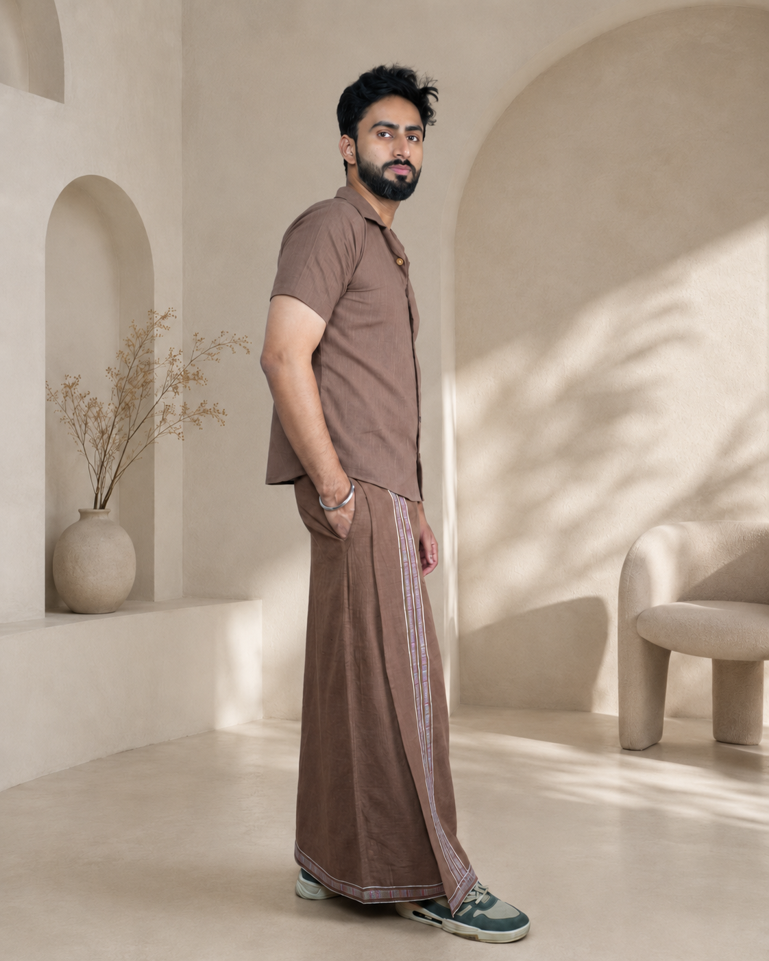 Premium Cotton Stripe Pajamalungi –  Light Brown