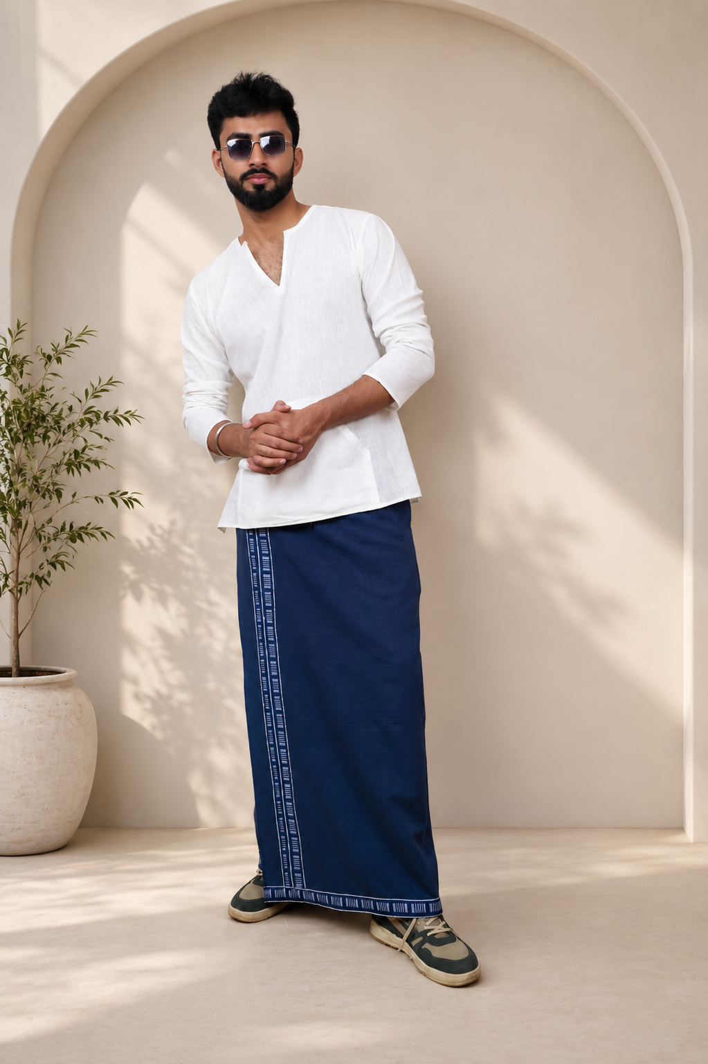 Premium Cotton Stripe Pajamalungi –  Denim Blue