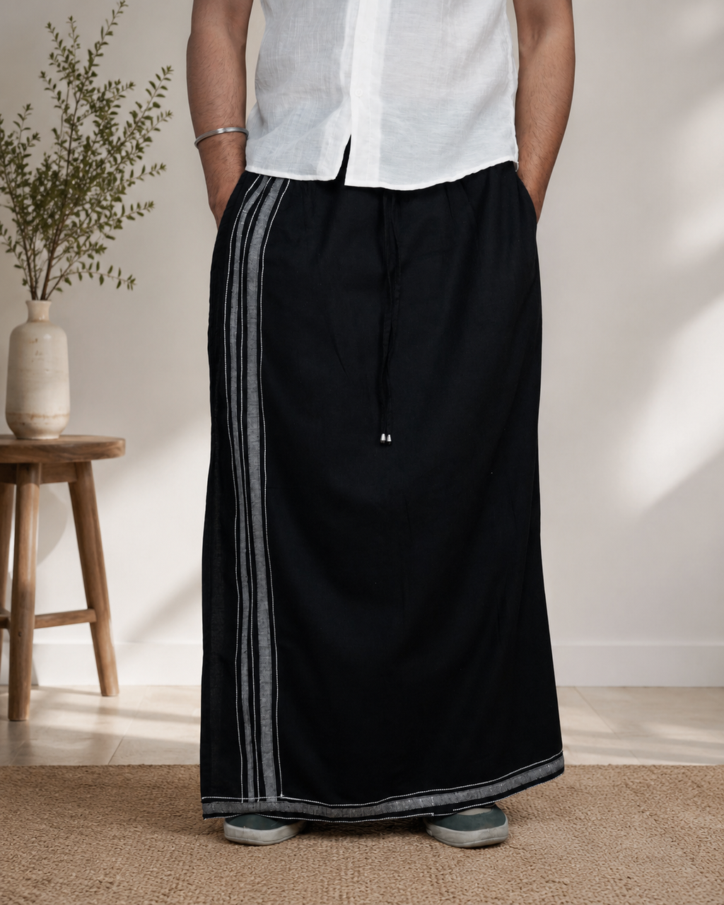 Premium Cotton Stripe Pajamalungi –  Black