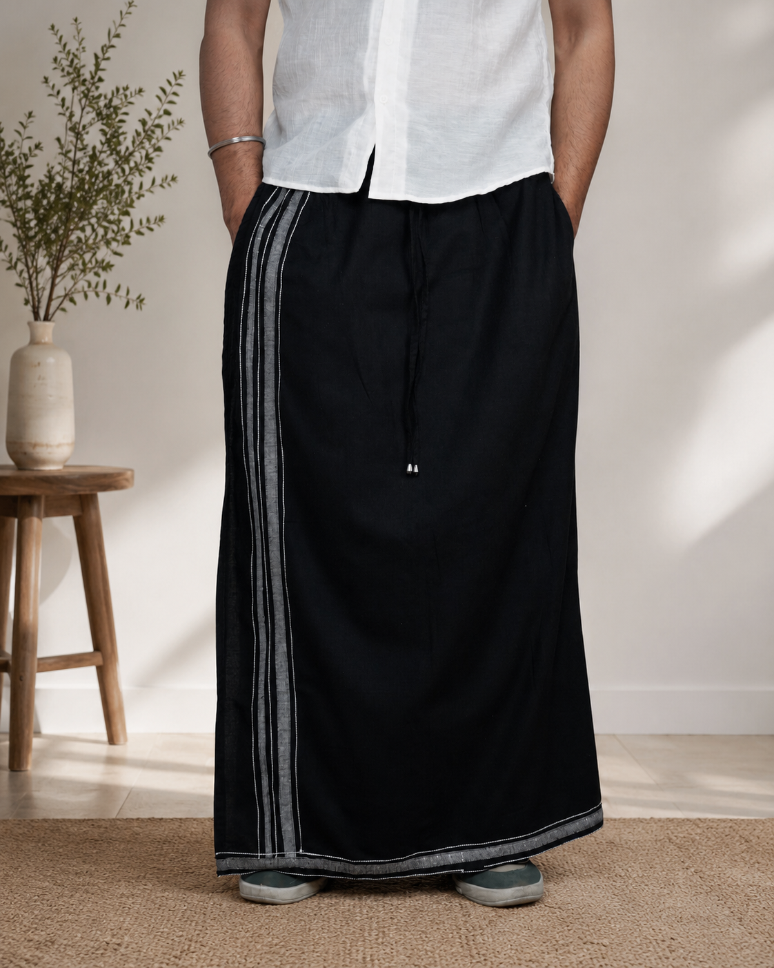 Premium Cotton Stripe Pajamalungi –  Black
