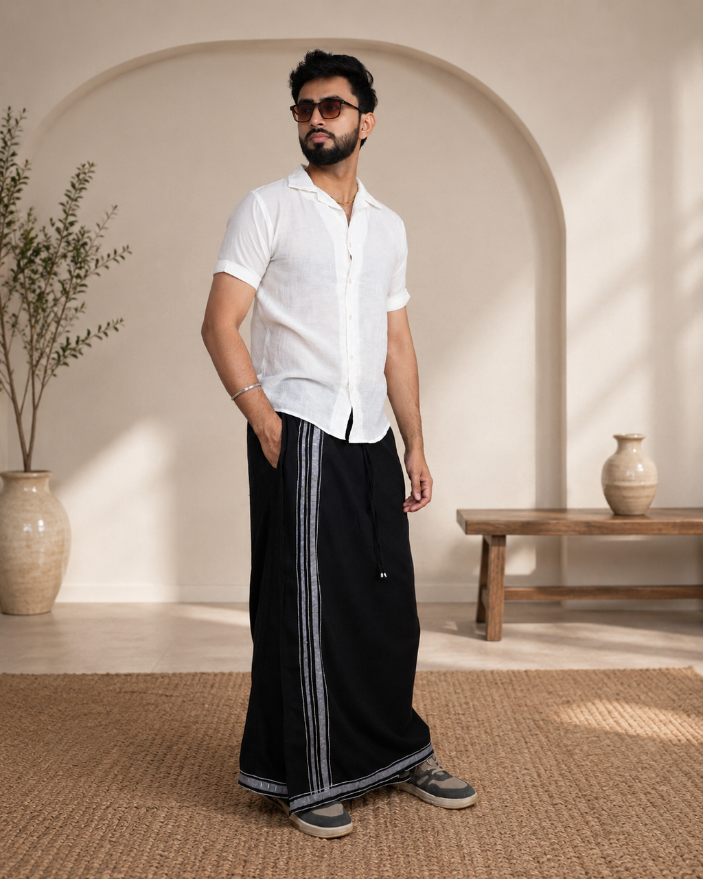 Premium Cotton Stripe Pajamalungi –  Black