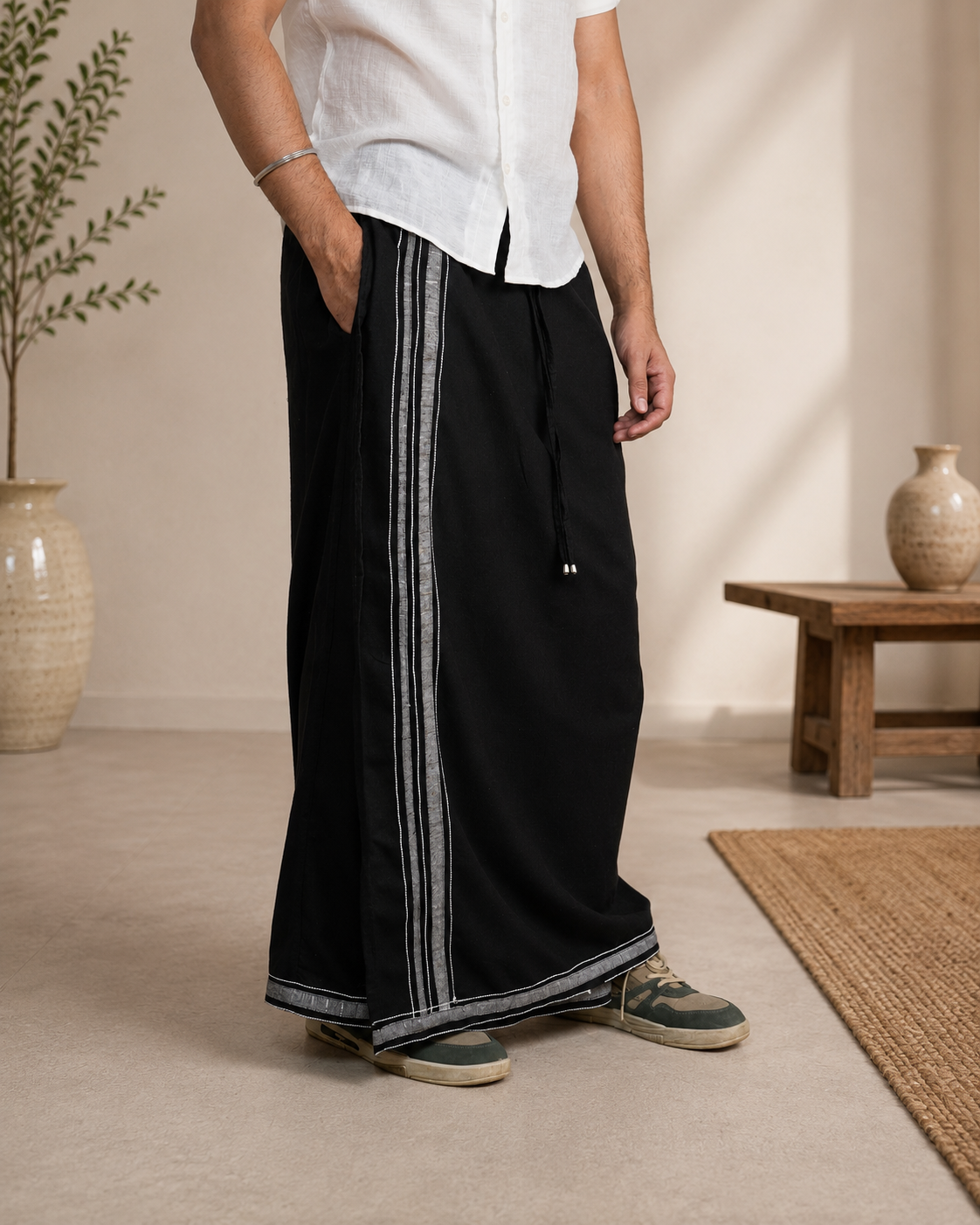 Premium Cotton Stripe Pajamalungi –  Black