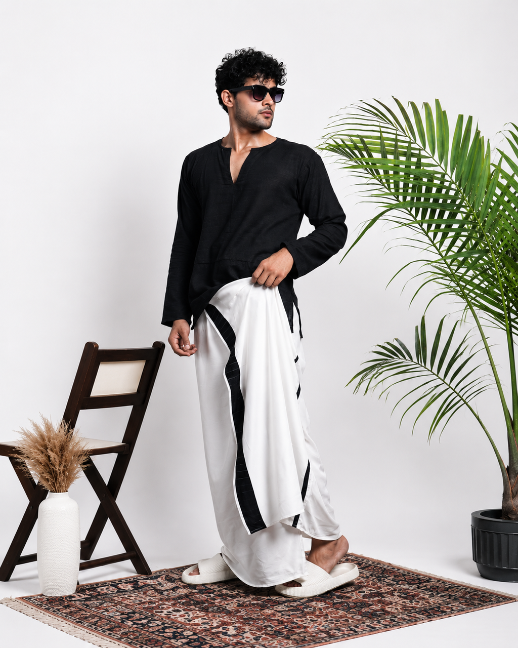 Men White  Colour Pajamalungi With Black And Silver Zari Stripe Panel