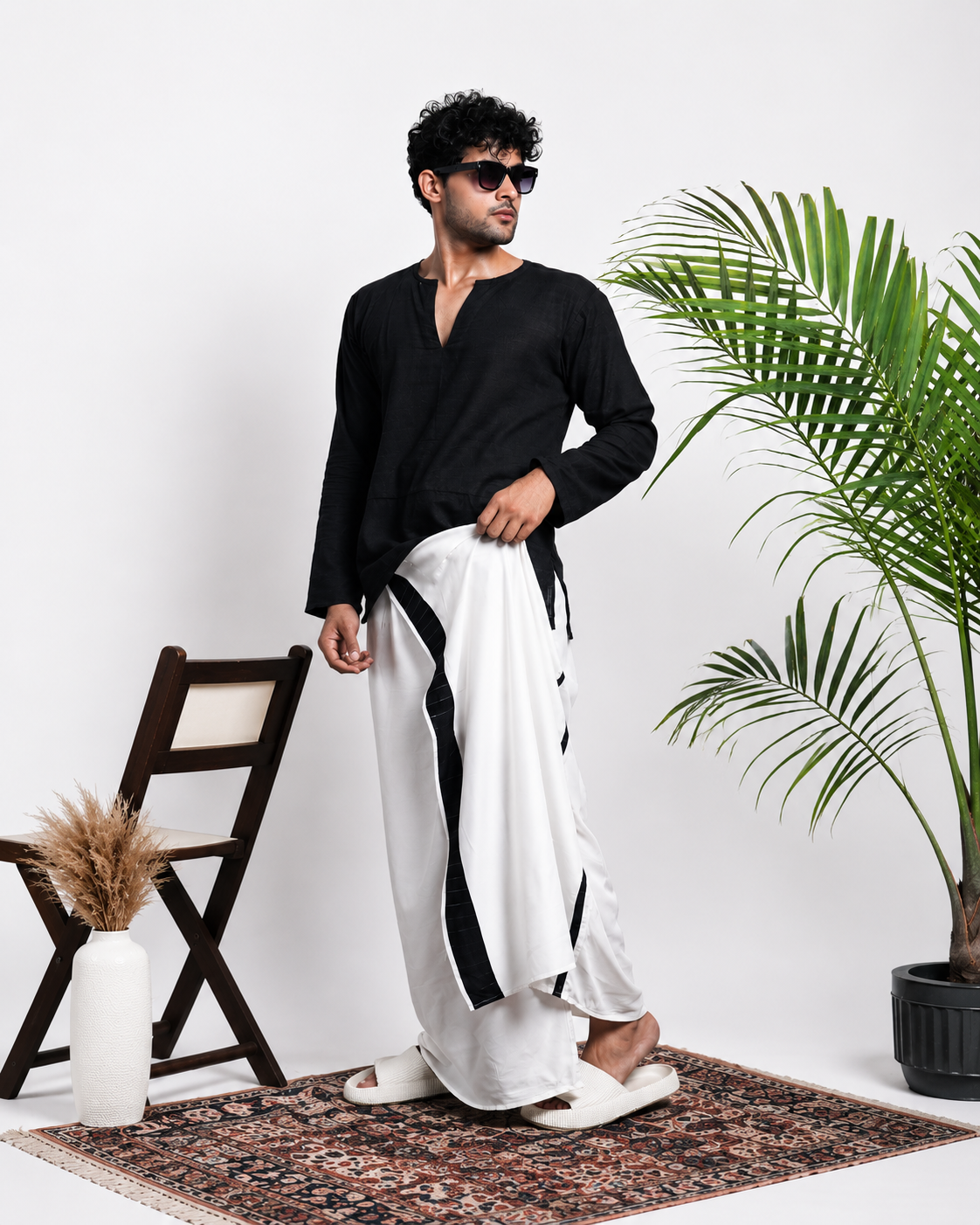 Men White  Colour Pajamalungi With Black And Silver Zari Stripe Panel