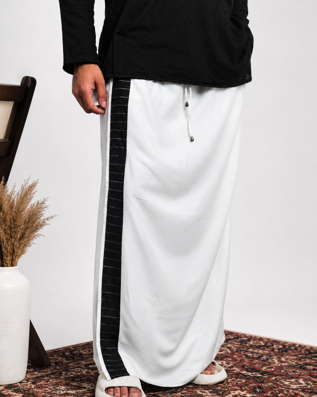 Men White  Colour Pajamalungi With Black And Silver Zari Stripe Panel