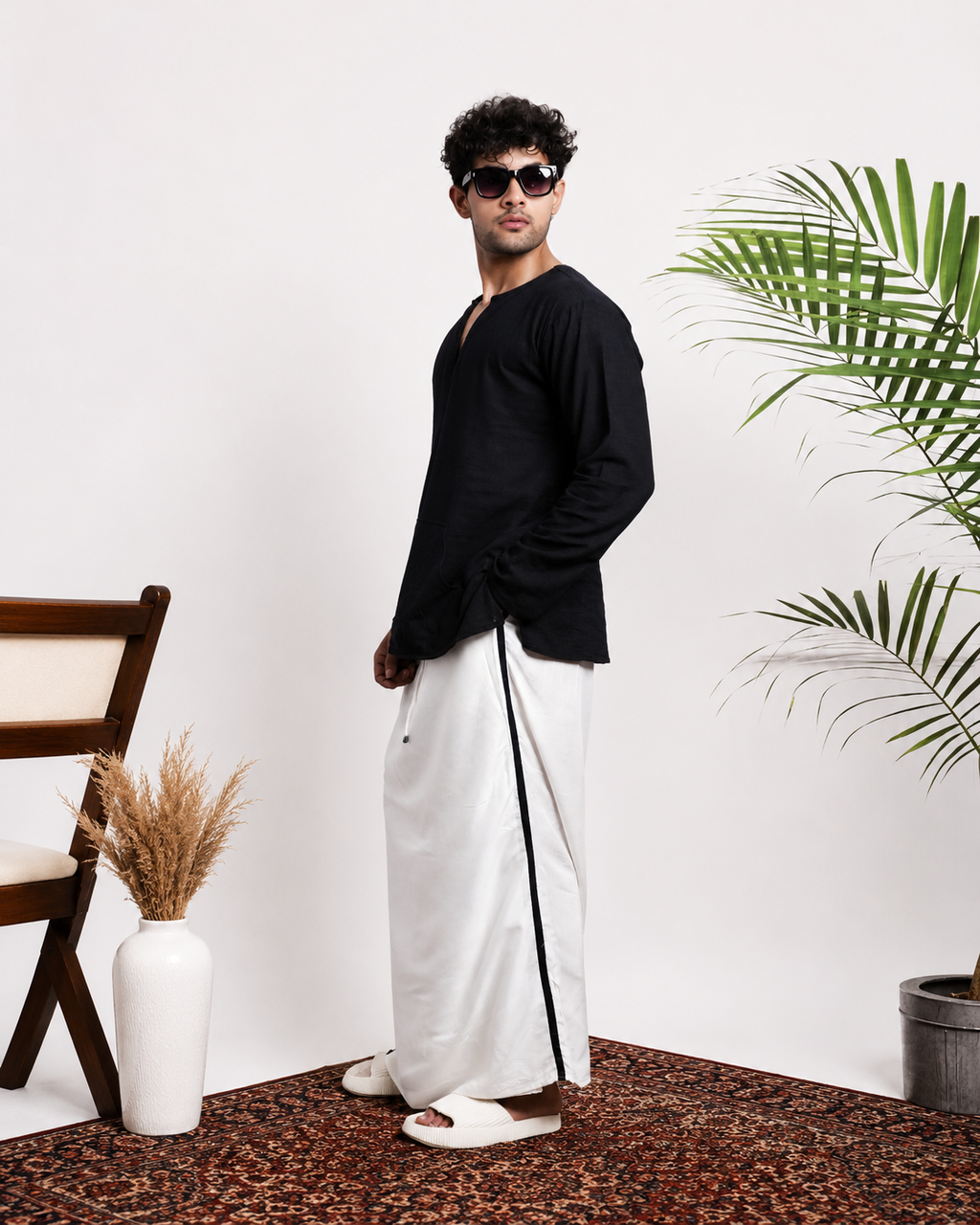 Men White  Colour Pajamalungi With Black And Silver Zari Stripe Panel