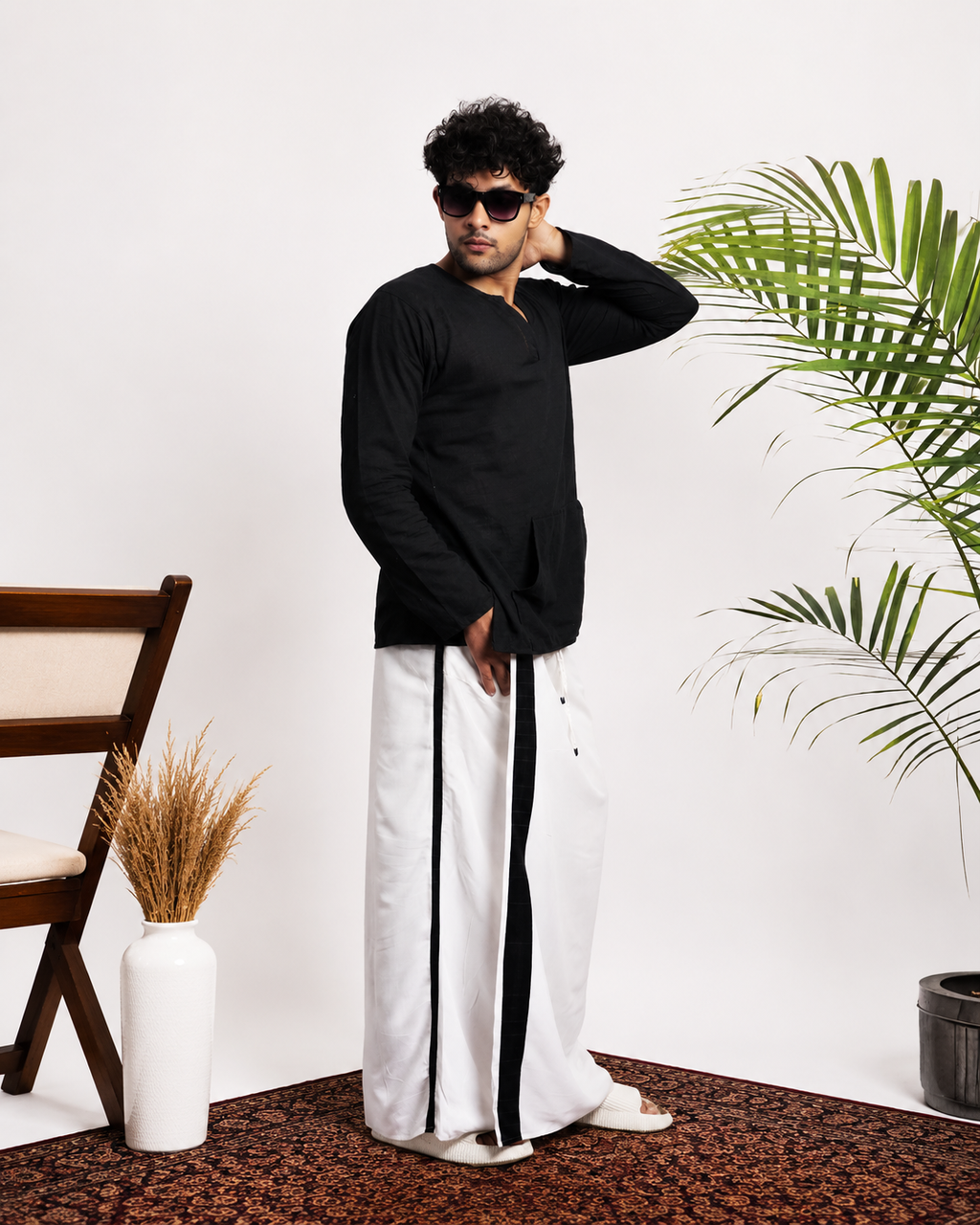 Men White  Colour Pajamalungi With Black And Silver Zari Stripe Panel