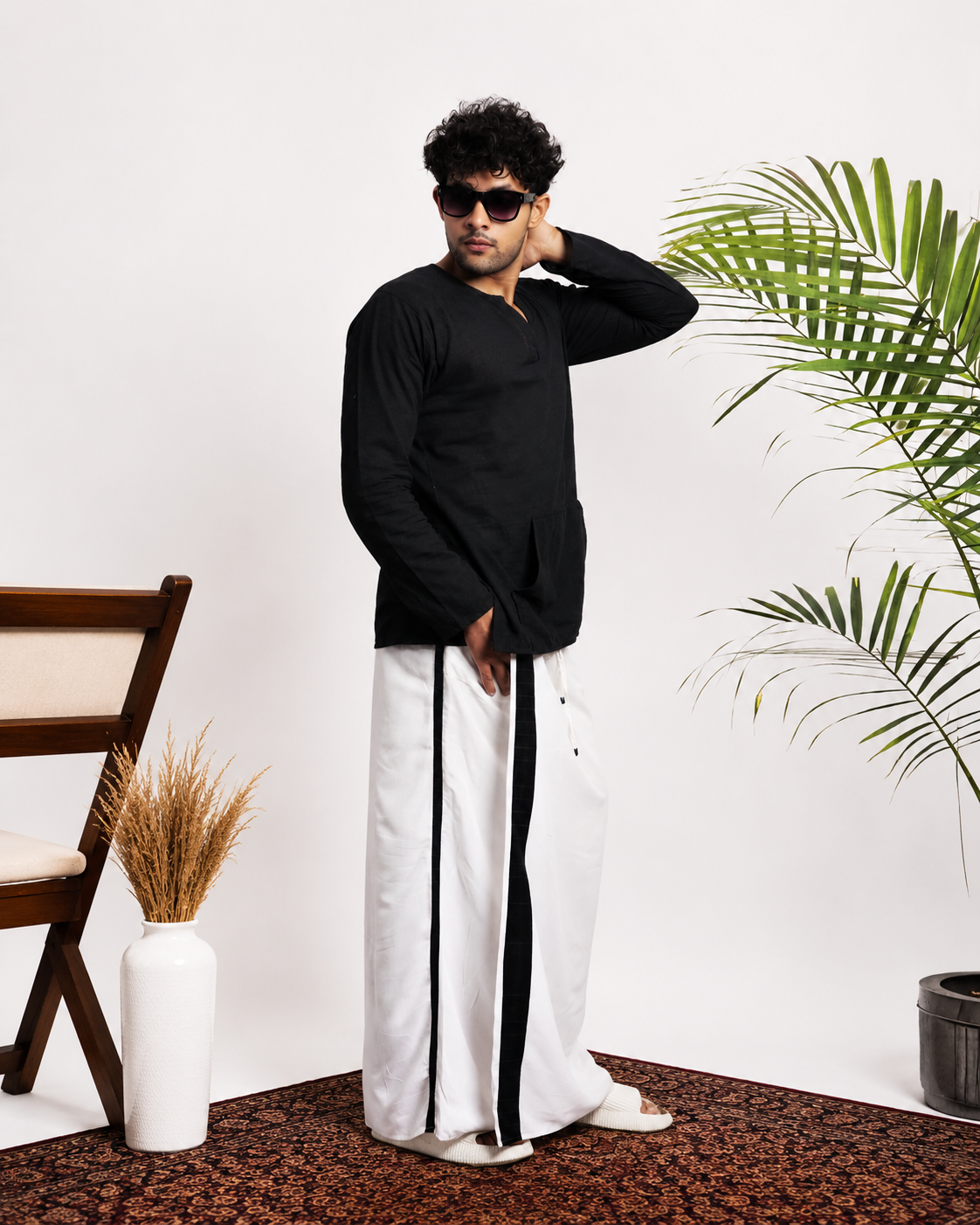 Men White  Colour Pajamalungi With Black And Silver Zari Stripe Panel