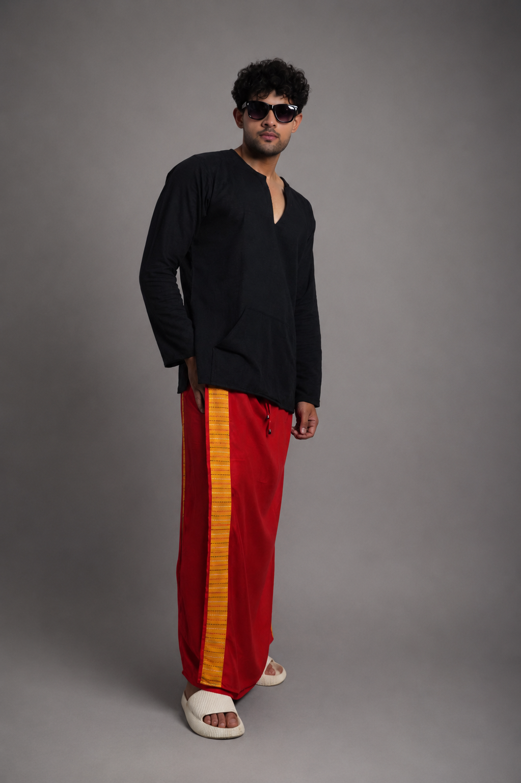Men Red Colour Pajamalungi With Yellow Textured Stripe Panel