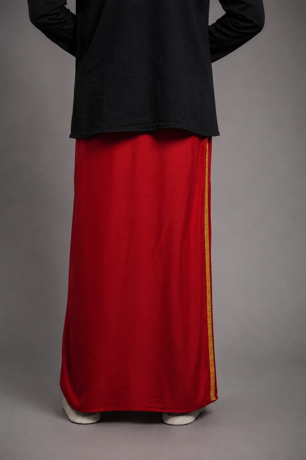 Men Red Colour Pajamalungi With Yellow Textured Stripe Panel