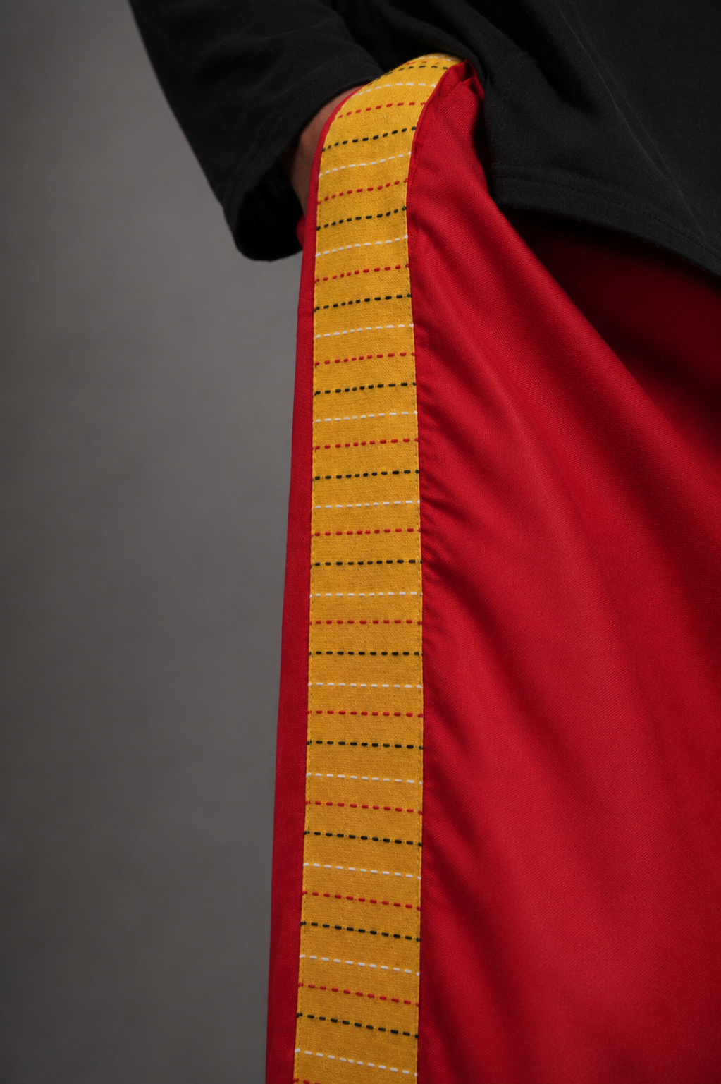 Men Red Colour Pajamalungi With Yellow Textured Stripe Panel