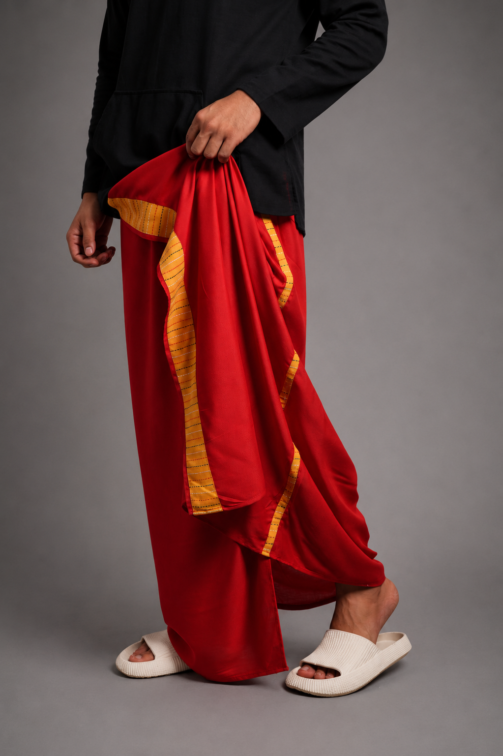 Men Red Colour Pajamalungi With Yellow Textured Stripe Panel
