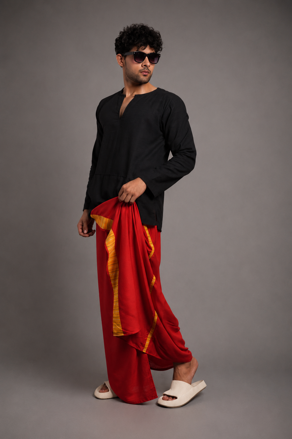 Men Red Colour Pajamalungi With Yellow Textured Stripe Panel
