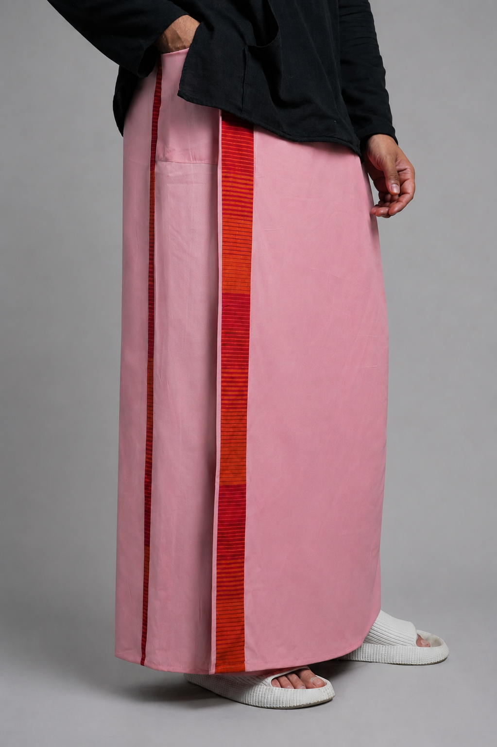 Men Dusty Pink Colour Pajamalungi With Red & Orange Colour Textured Stripe Panel