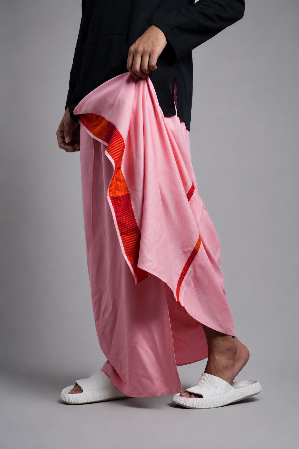 Men Dusty Pink Colour Pajamalungi With Red & Orange Colour Textured Stripe Panel