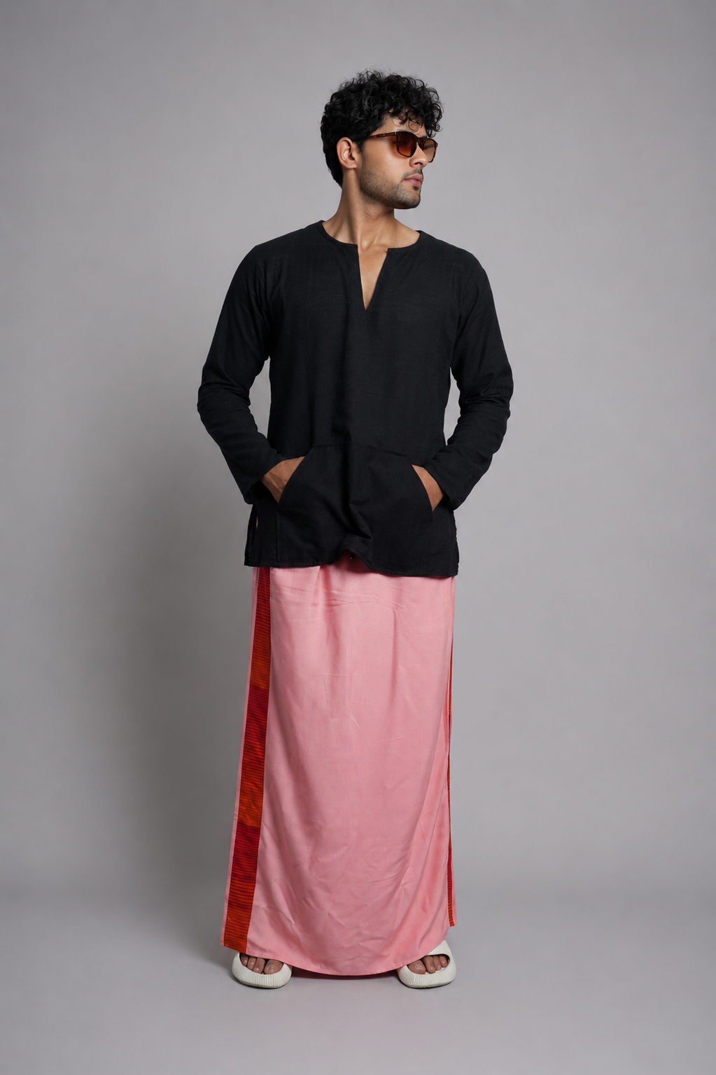 Men Dusty Pink Colour Pajamalungi With Red & Orange Colour Textured Stripe Panel