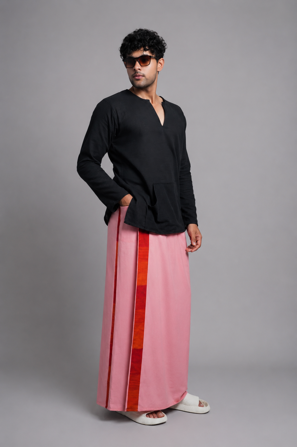 Men Dusty Pink Colour Pajamalungi With Red & Orange Colour Textured Stripe Panel