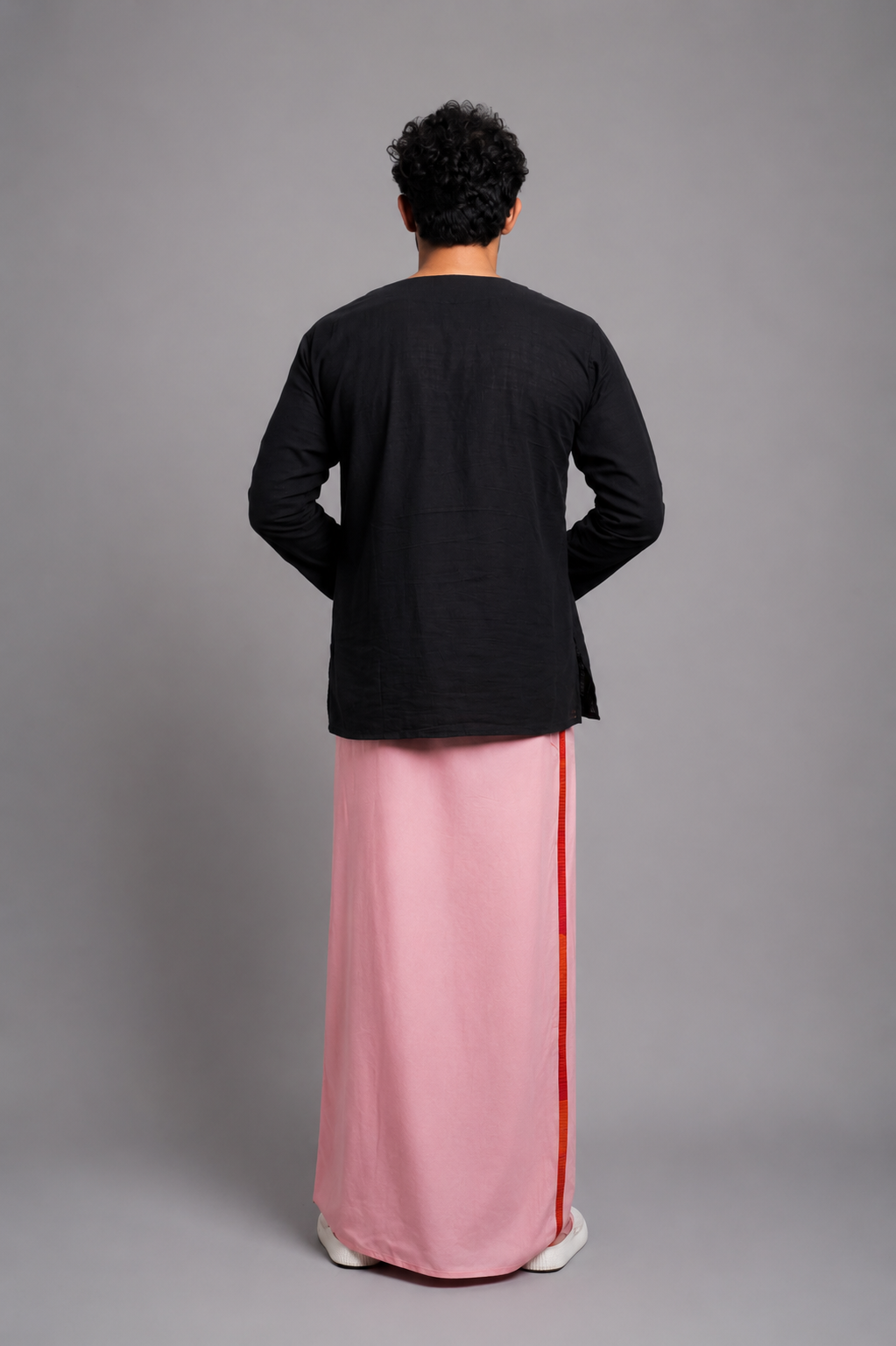 Men Dusty Pink Colour Pajamalungi With Red & Orange Colour Textured Stripe Panel