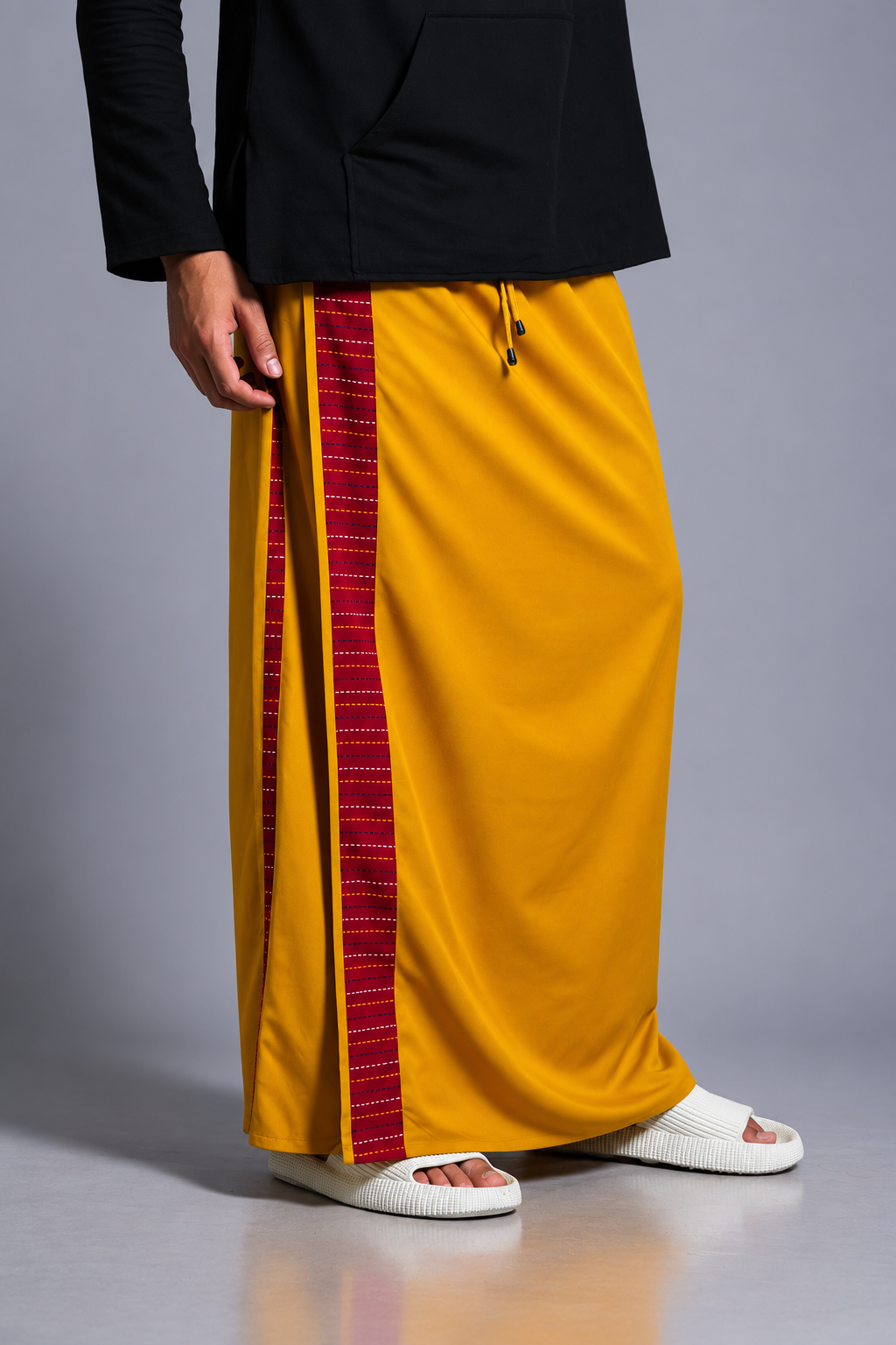 Men Musturd Yellow Colour Pajamalungi With Red  Textured Stripe Panel