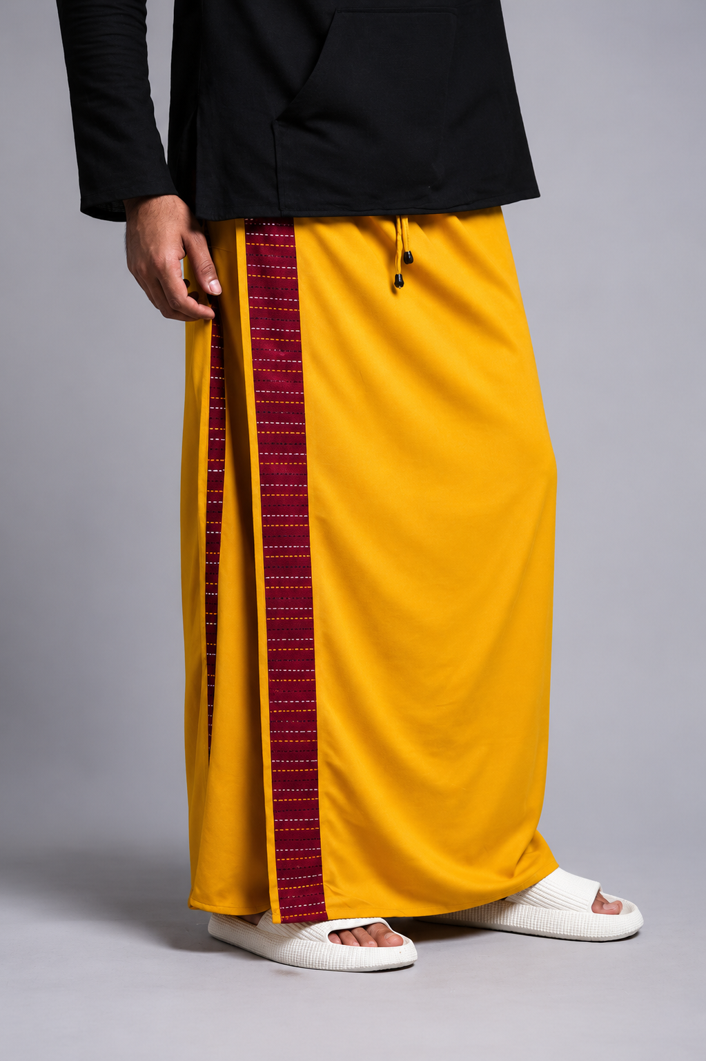 Men Musturd Yellow Colour Pajamalungi With Red  Textured Stripe Panel