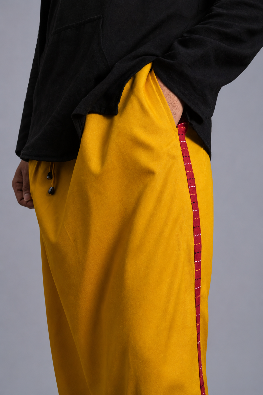 Men Musturd Yellow Colour Pajamalungi With Red  Textured Stripe Panel