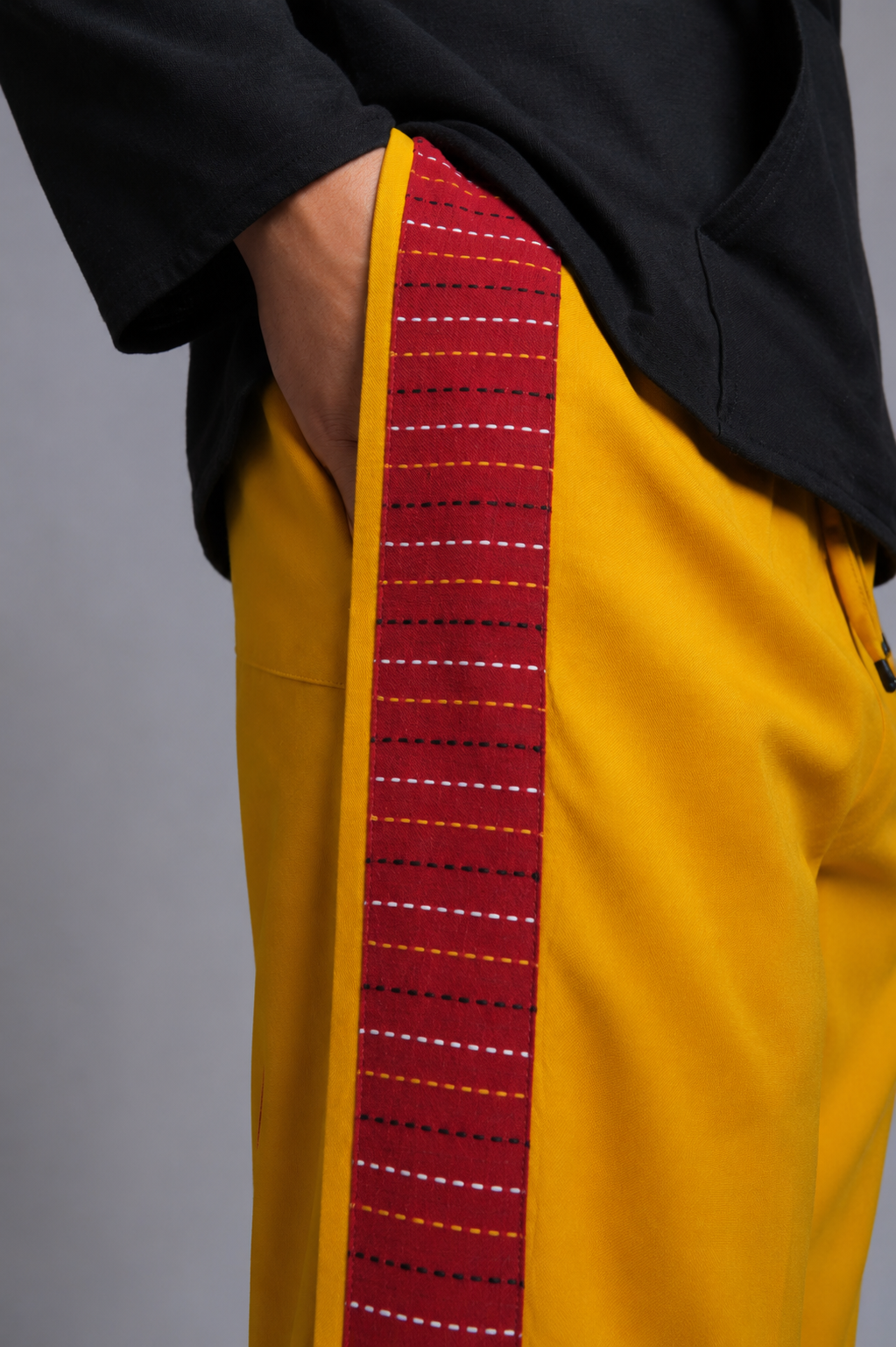 Men Musturd Yellow Colour Pajamalungi With Red  Textured Stripe Panel