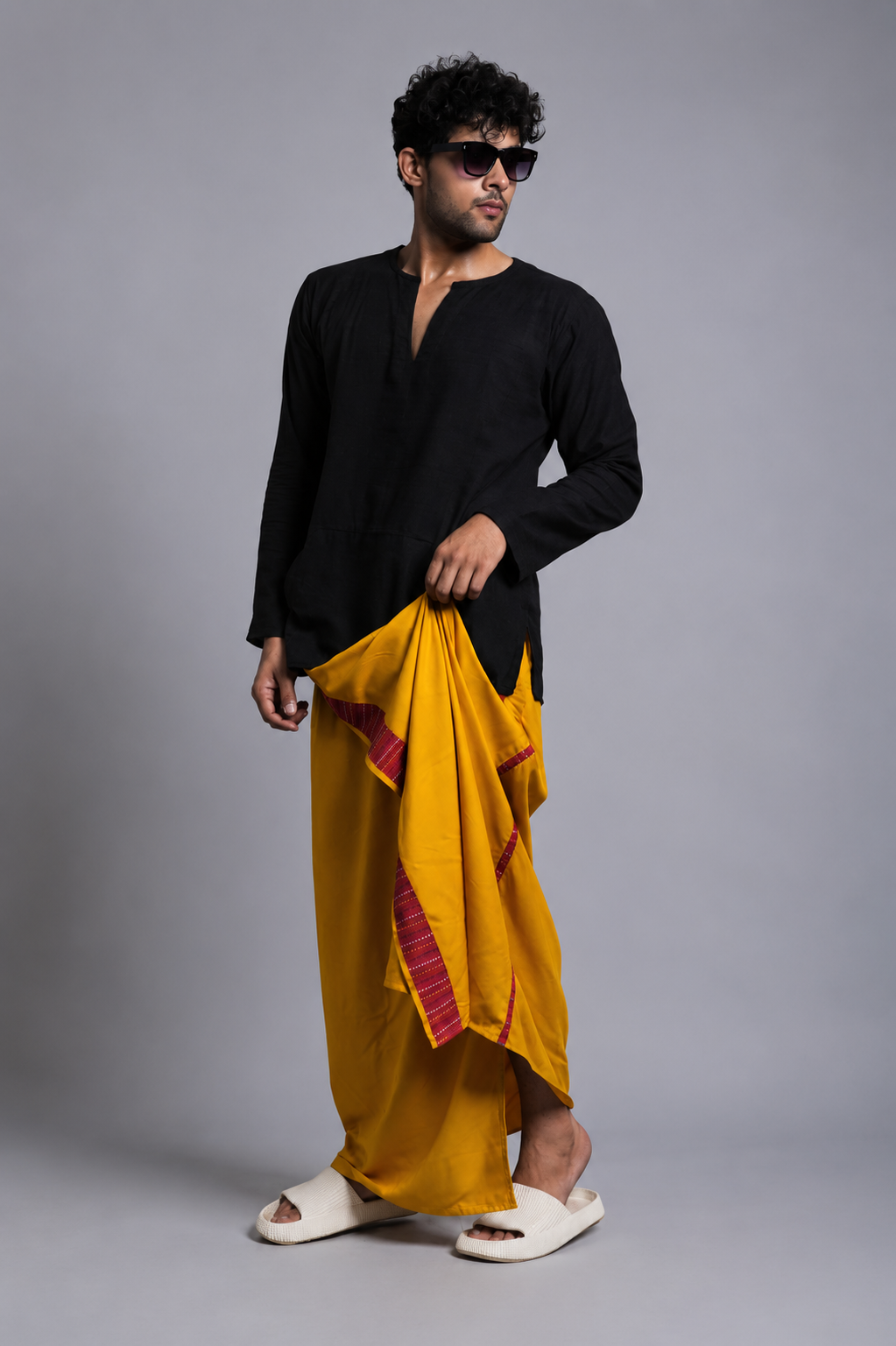 Men Musturd Yellow Colour Pajamalungi With Red  Textured Stripe Panel
