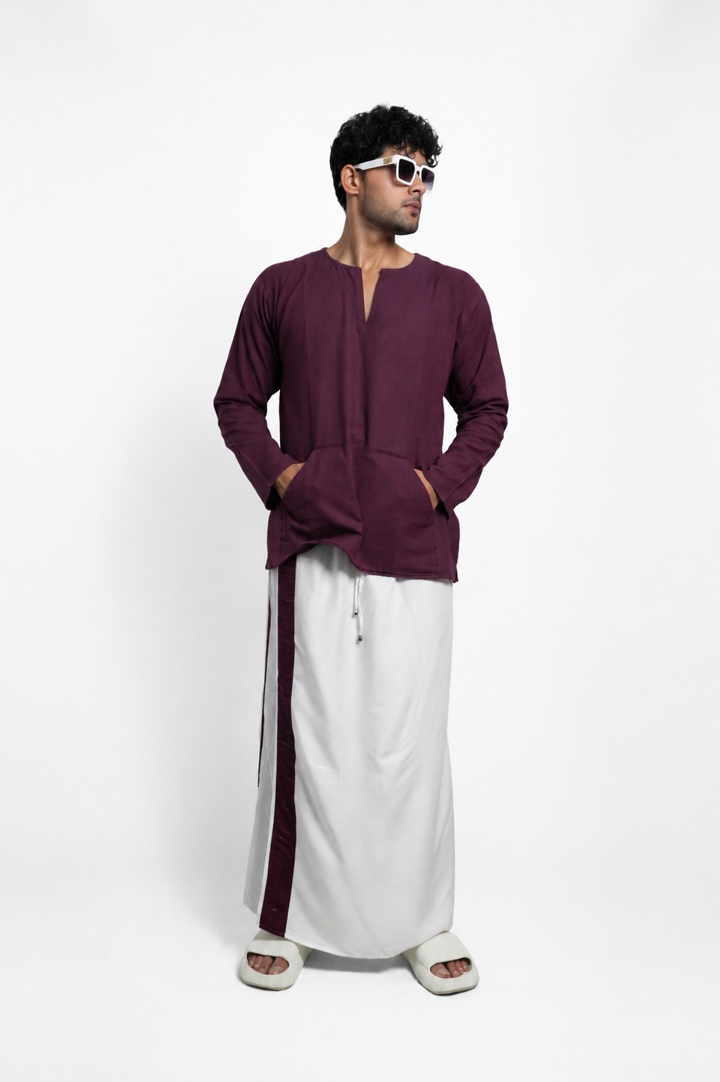 Men White Colour Pajamalungi With Wine / Silver Zari Stripe Panel