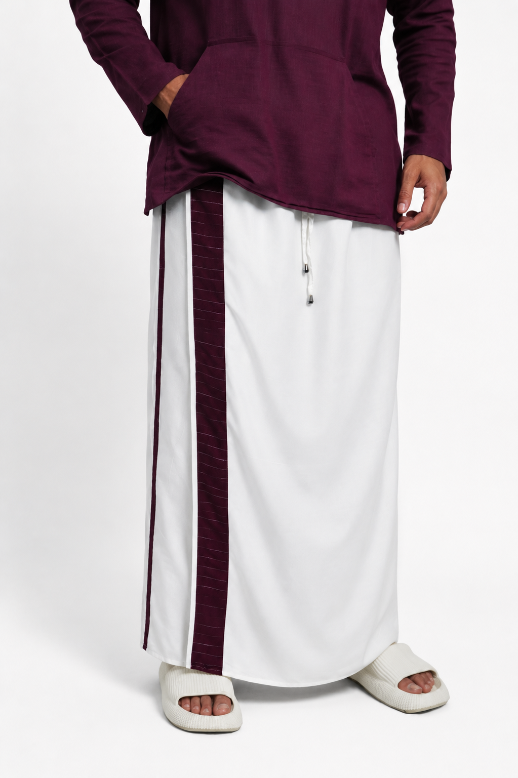 Men White Colour Pajamalungi With Wine / Silver Zari Stripe Panel
