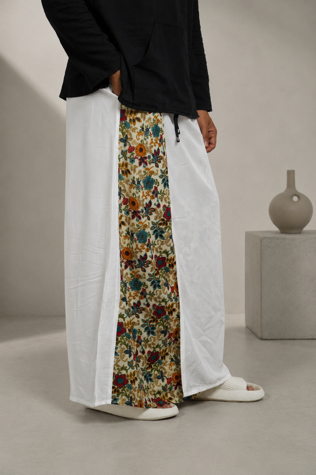 Men White Colour Pajamalungi  With  Floral Printed Panel