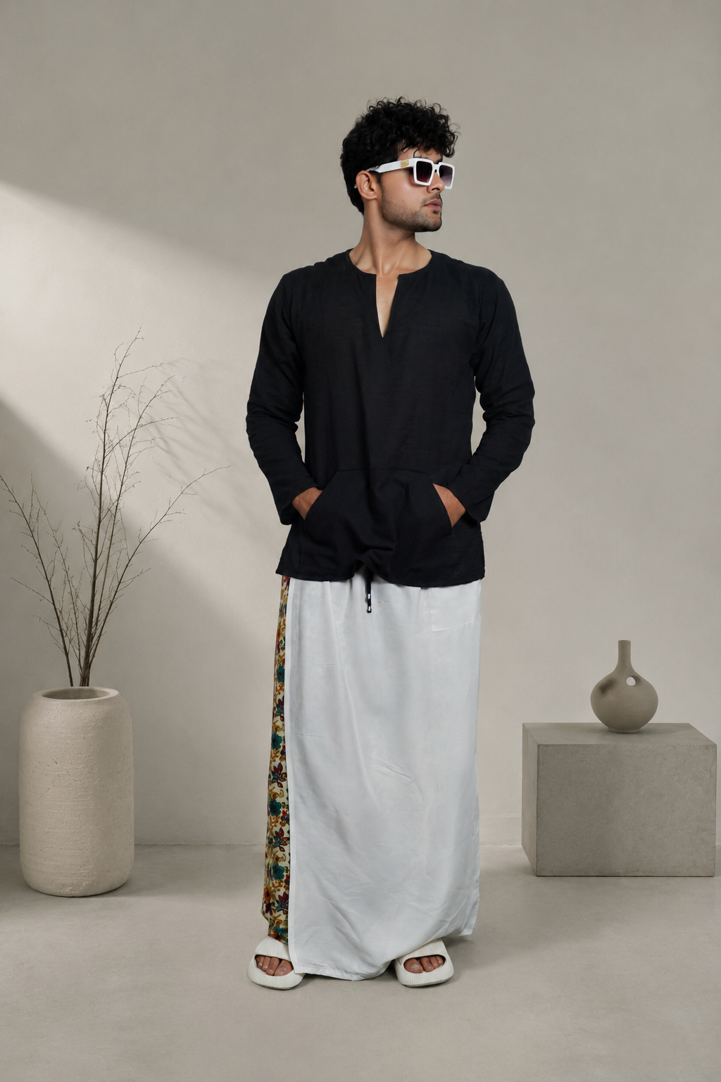 Men White Colour Pajamalungi  With  Floral Printed Panel