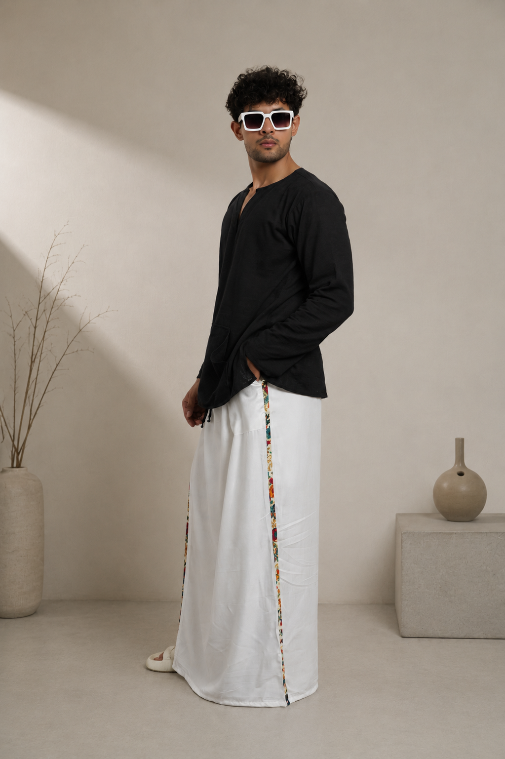 Men White Colour Pajamalungi  With  Floral Printed Panel