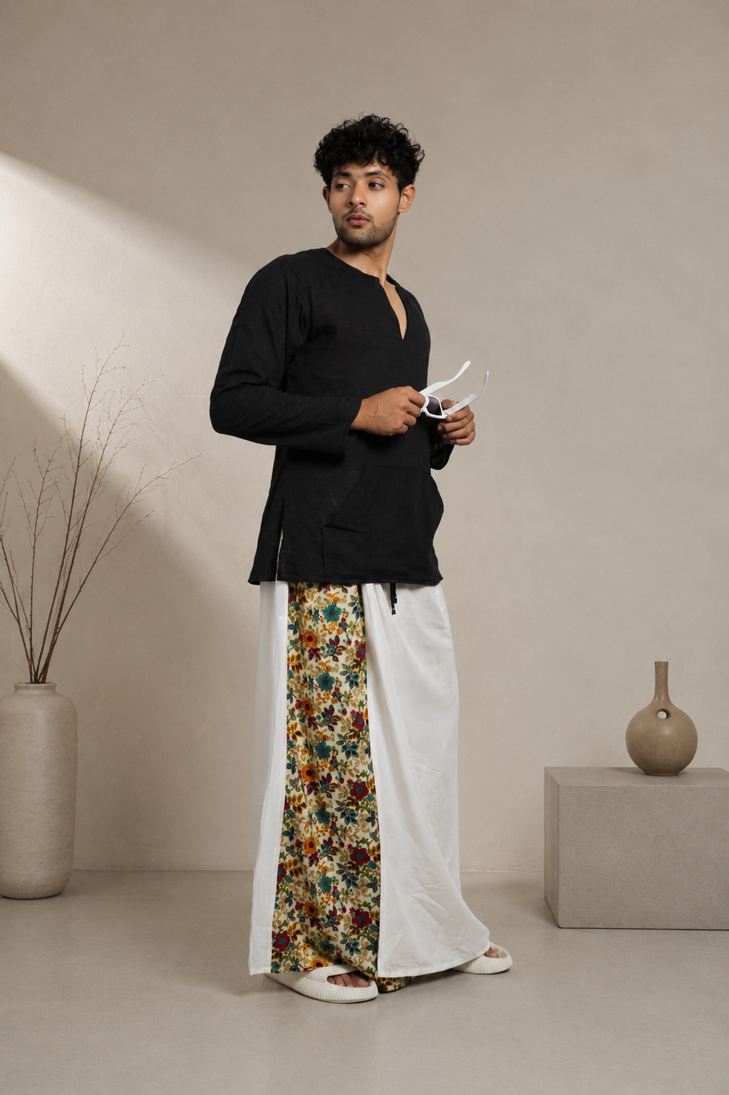 Men White Colour Pajamalungi  With  Floral Printed Panel