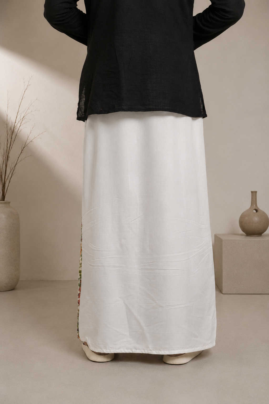 Men White Colour Pajamalungi  With  Floral Printed Panel