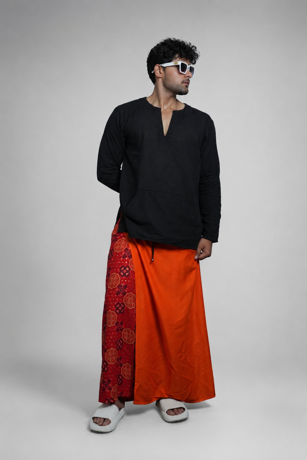 Men Orange Colour Pajamalungi With  Floral Print Panel
