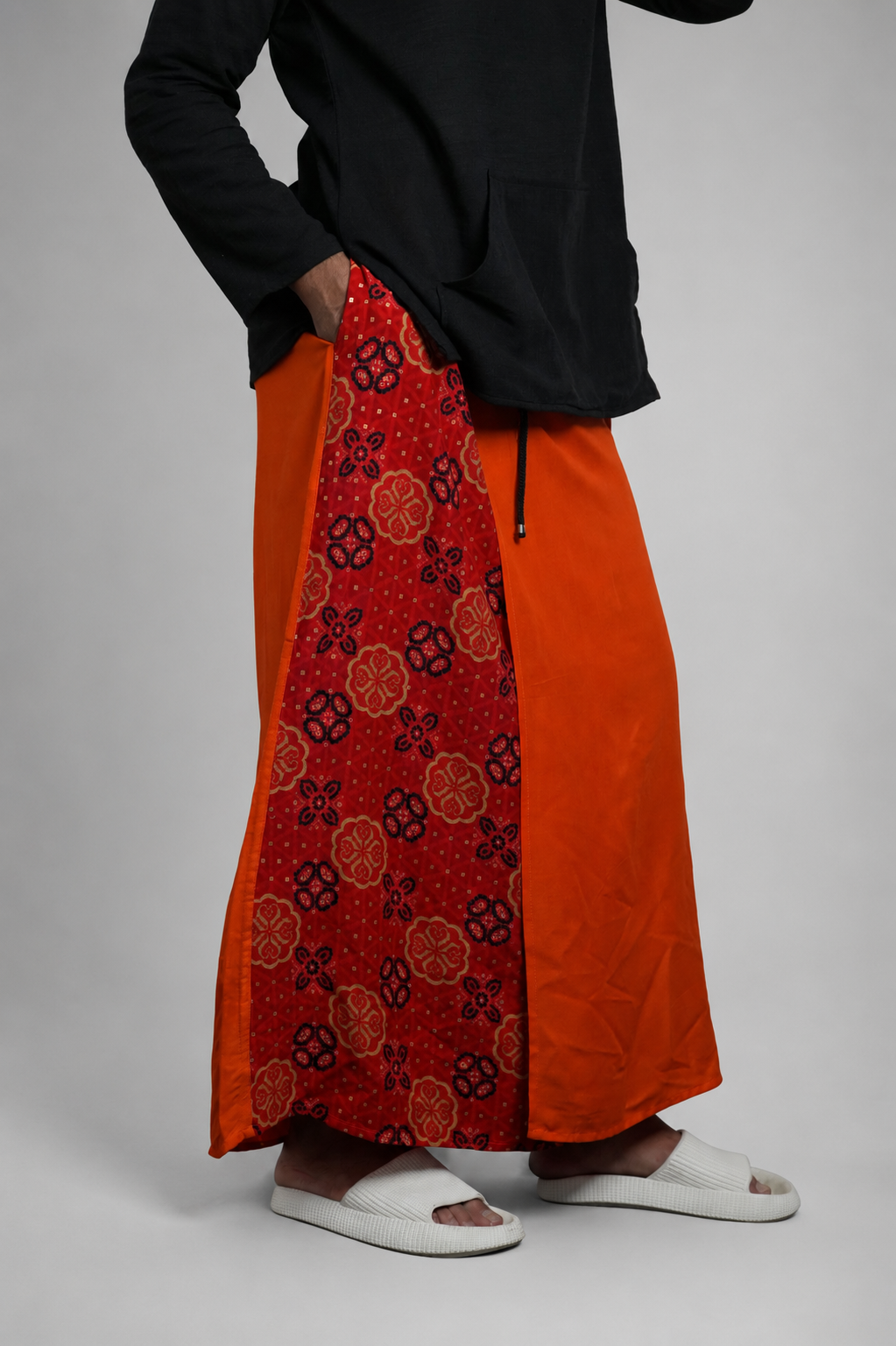Men Orange Colour Pajamalungi With  Floral Print Panel