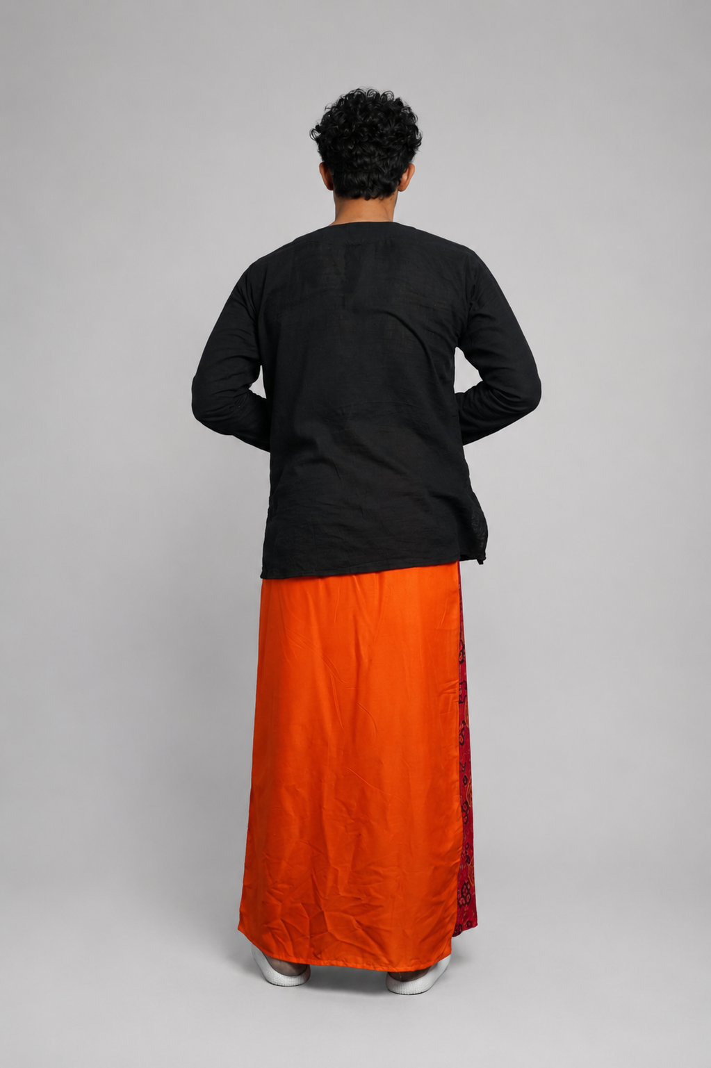 Men Orange Colour Pajamalungi With  Floral Print Panel