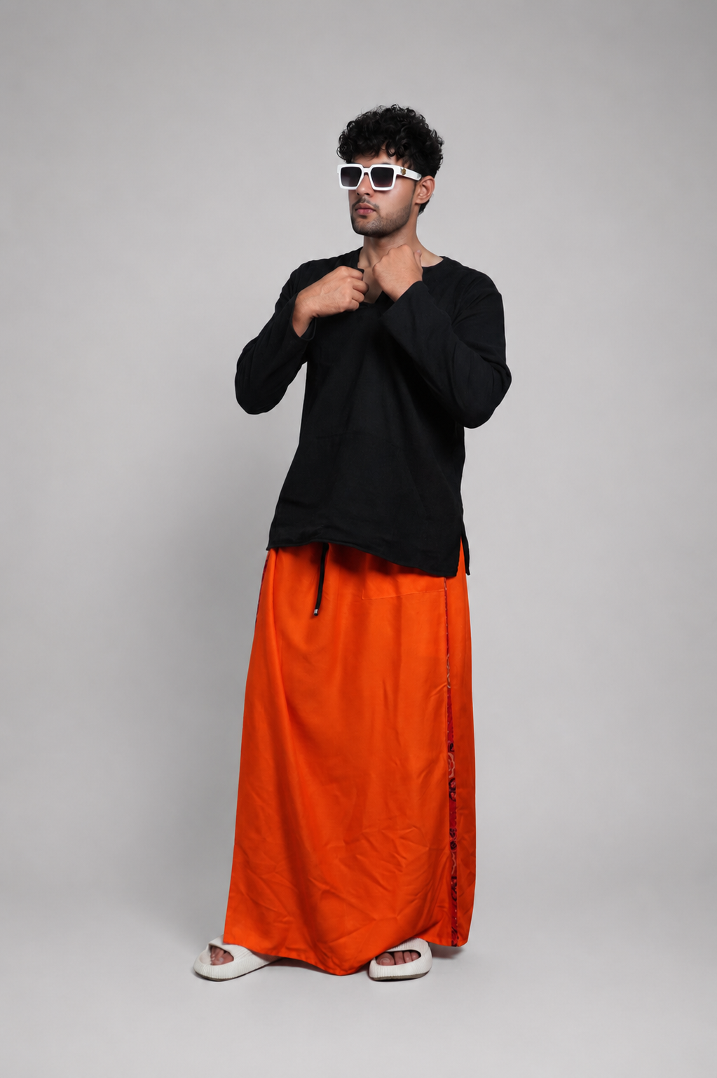 Men Orange Colour Pajamalungi With  Floral Print Panel