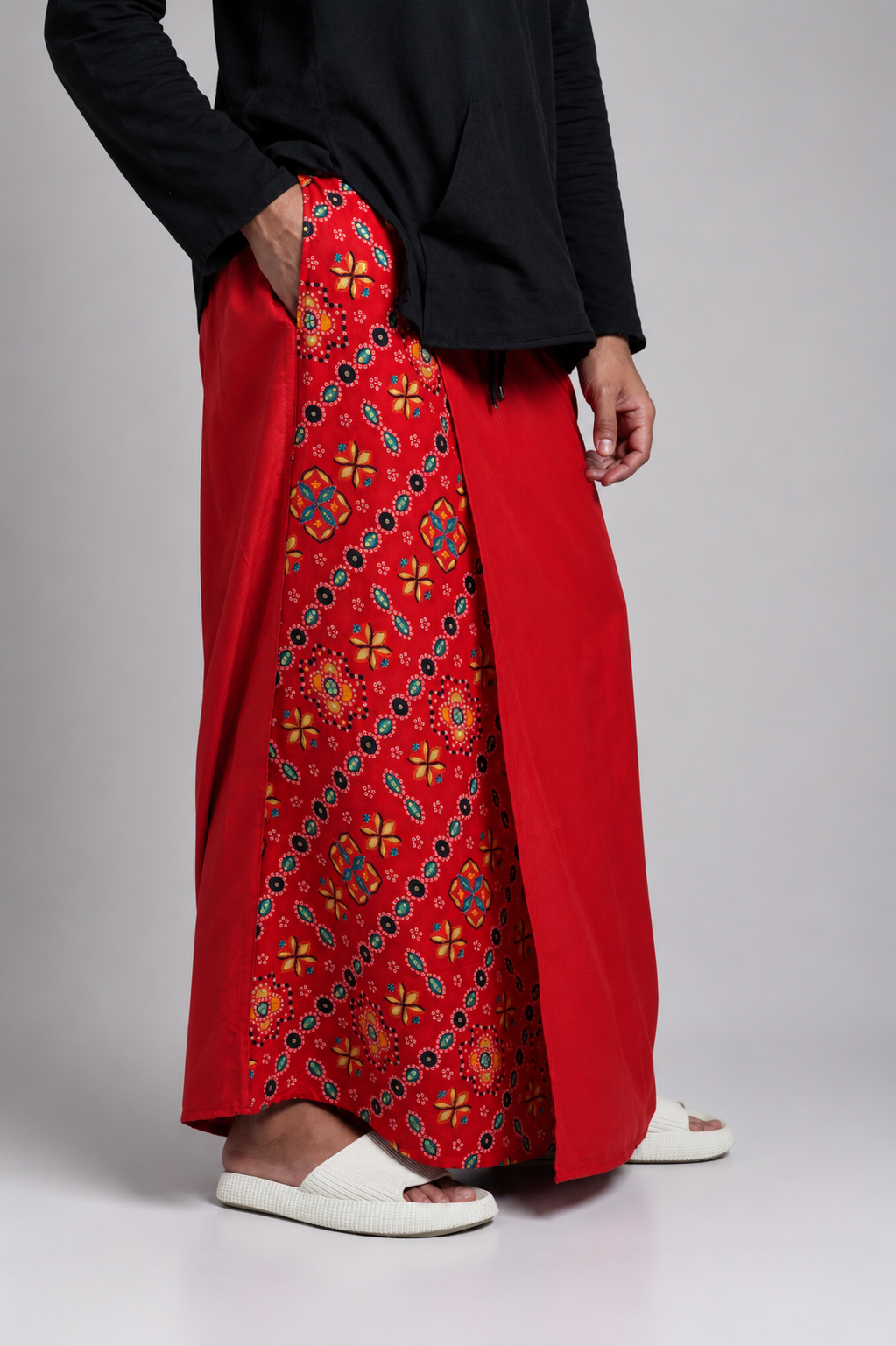 Men Red Colour Pajamalungi With Foil Printed Panel