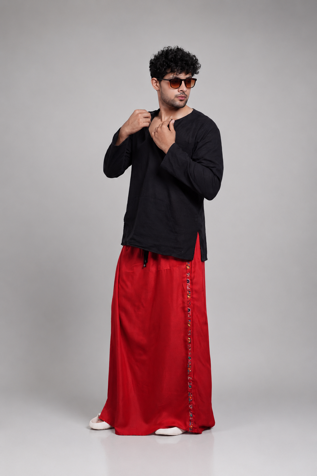 Men Red Colour Pajamalungi With Foil Printed Panel
