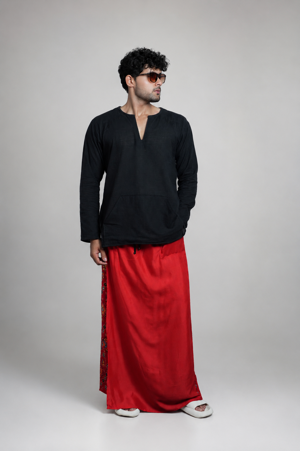 Men Red Colour Pajamalungi With Foil Printed Panel