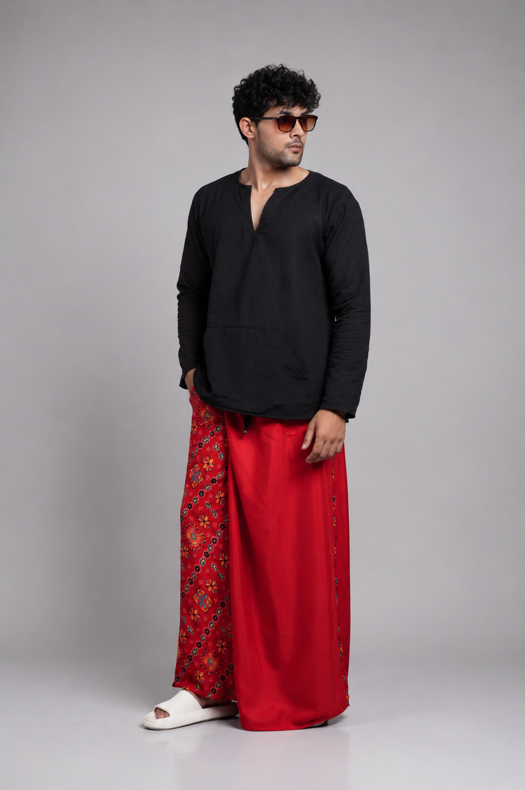 Men Red Colour Pajamalungi With Foil Printed Panel