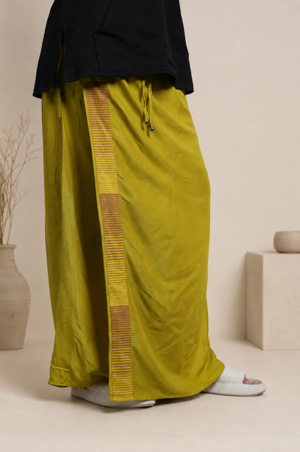 Men Yellow Steve Colour Pajamalungi With Brown & Yellow Colour Stripe Panel